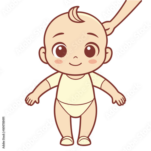 Cute cartoon baby learning to walk with parental support isolated on a white background