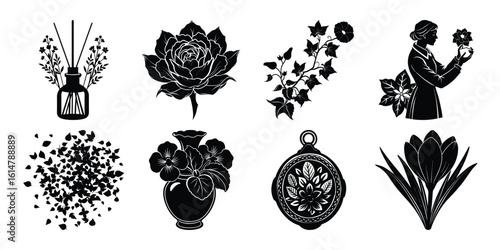 A Vector Elegant Black and White Floral Silhouettes: Botanical Illustrations, Perfume, and Vintage Jewelry Designs. on white background 