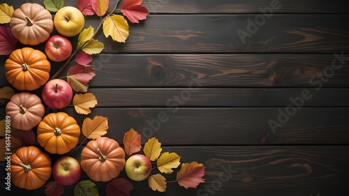 Wallpaper Mural Autumn harvest display of pumpkins apples and colorful leaves on a rustic wooden background Torontodigital.ca