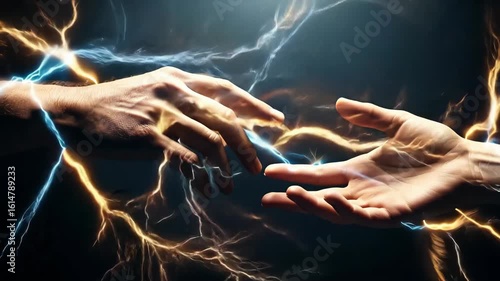 Hands nearly touching with vibrant electric sparks arcing in dark dramatic atmosphere conveying powerful energy connection