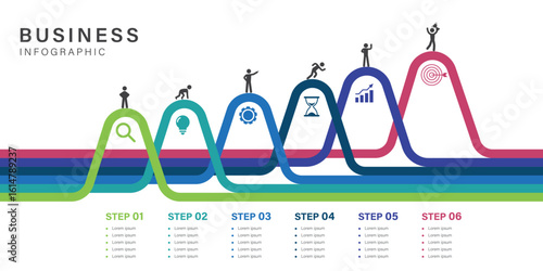 Infographic flow chart mountain business 6 steps to success template with icons design for business presentation