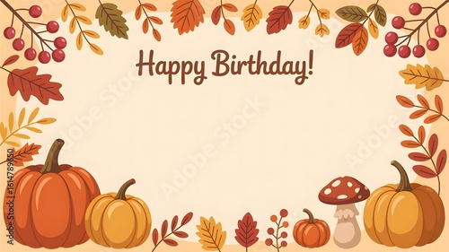 Happy birthday greeting card with autumn leaves pumpkins and mushrooms