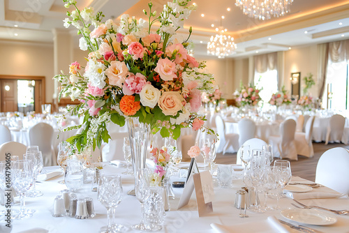 Elegant floral arrangement in a beautifully set banquet hall with table settings and chandeliers.