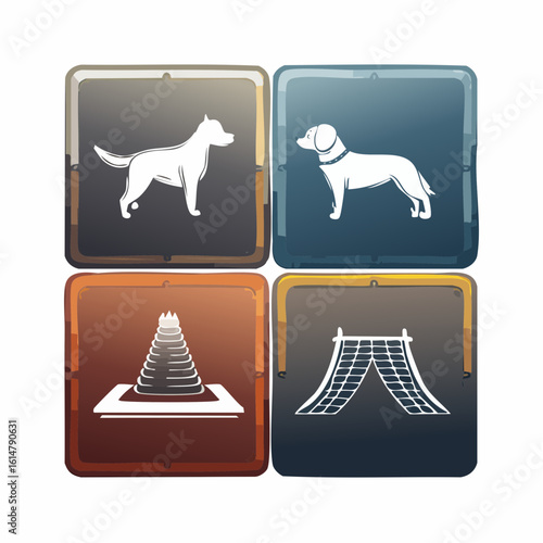 grid of icons showing dog park amenities- a park sign with a dog silhouette