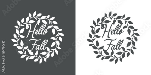 Logo con texto manuscrito hello fall con corona de hojas de árbol en rama para felicitaciones y tarjetas