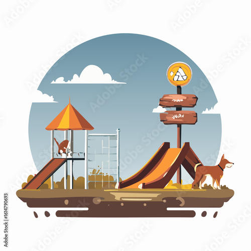 grid of icons showing dog park amenities- a park sign with a dog silhouette