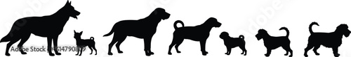 Diverse Dog Breeds Silhouettes Vector Illustration, Various Canine Companionship, Pet Profiles, Animal Collection, Digital Art, Flat Design, Black and White.