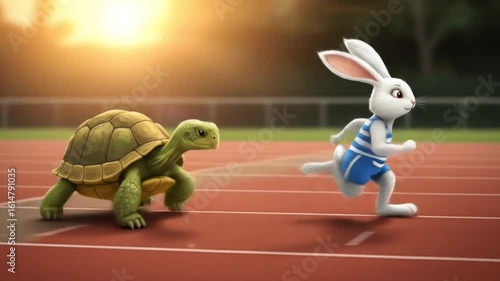 Cartoon rabbit and tortoise race on track, symbolizing speed versus perseverance.