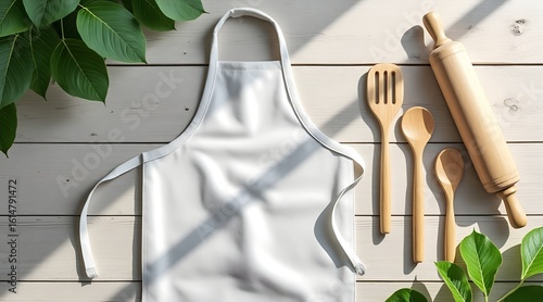 White apron with cooking utensils on wooden table