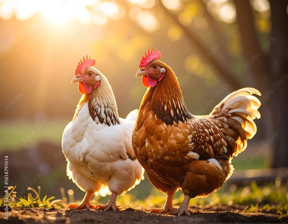 Fototapeta premium Two chickens in a sunlit outdoor setting