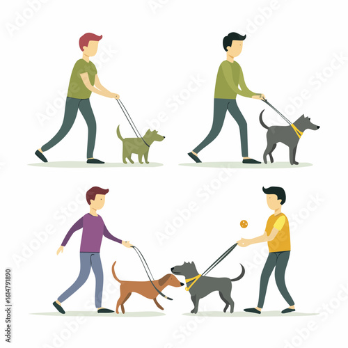 An icon set of four showing human-dog interaction- a person throwing a ball for a dog