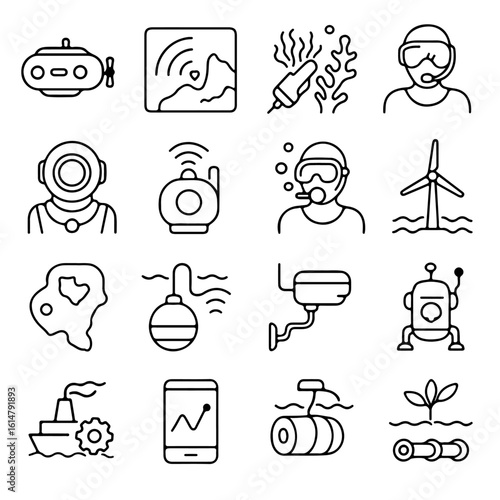 Dive into the depths of underwater exploration with this captivating collection of detailed icons. It showcases the wonders of ocean discovery through meticulously crafted line art. 