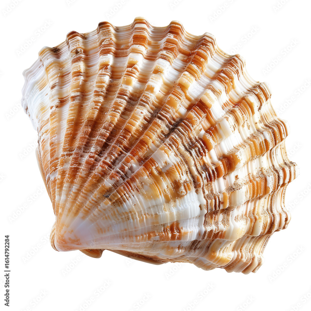 Fototapeta premium Close-up of a scallop shell, displaying intricate, ribbed patterns in warm tones
