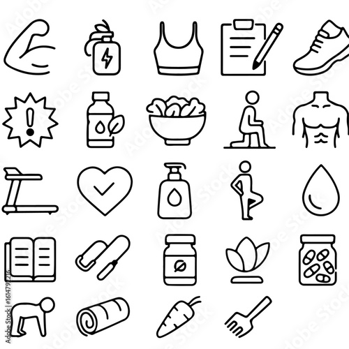 Set of simple, clean line art icons representing various aspects of health and wellness, perfect for illustrating concepts related to healthy living and fitness.