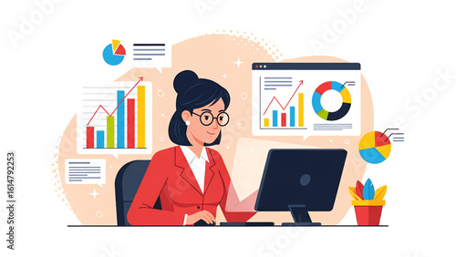 Professional businesswoman at a desk analyzing financial data reports on her laptop computer.