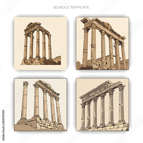 Ancient Roman Ruins Bundle Template Set – Vintage Hand Drawn Architecture Illustration of Historic Temple Columns, Classical Greece and Rome Landmark Monuments, Old Antique Archaeological Heritage for