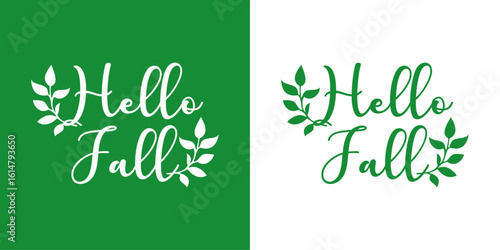 Logo con texto manuscrito hello fall con siluetas de hojas de árbol en rama para felicitaciones y tarjetas