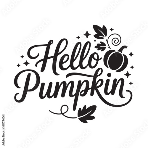 Hello Pumpkin calligraphy with pumpkin and leaf elements