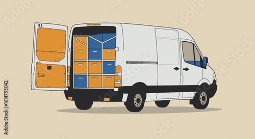 White Delivery Van with Open Doors and Boxes Inside, Vector Illustration