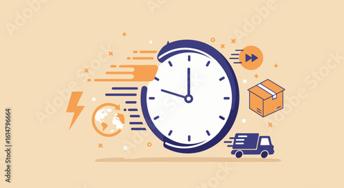 Fast Delivery Service Illustration with Clock, Truck, and Package