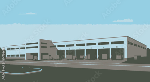 Industrial Warehouse with Loading Docks and Delivery Trucks Illustration