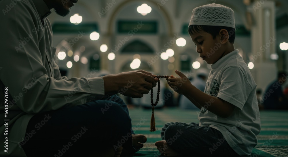 Fototapeta premium A Father and Son's Evening Prayer: Passing Down Faith in a Mosque