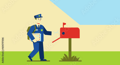 Cartoon Mailman Delivering Mail to a Red Mailbox