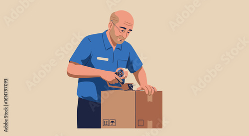 Man sealing a cardboard box with tape dispenser for shipping