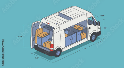White Delivery Van with Open Back Doors and Interior Dimensions