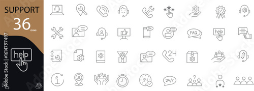 Support related icon collection. Containing help desks, live chat, FAQs, technical support, headset operators, feedback, tools, and service ratings. Vector illustration. Outline icons. Editable stroke