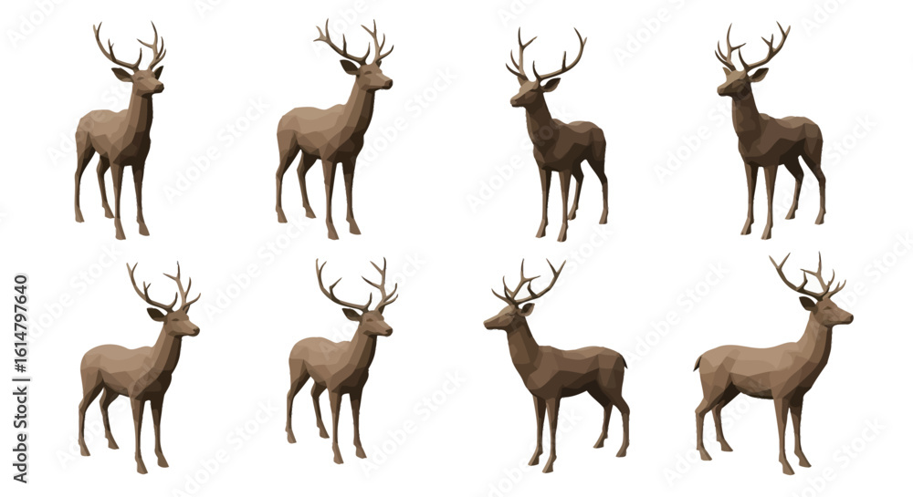 Naklejka premium A collection of eight brown stag illustrations with large antlers shown from multiple angles.
