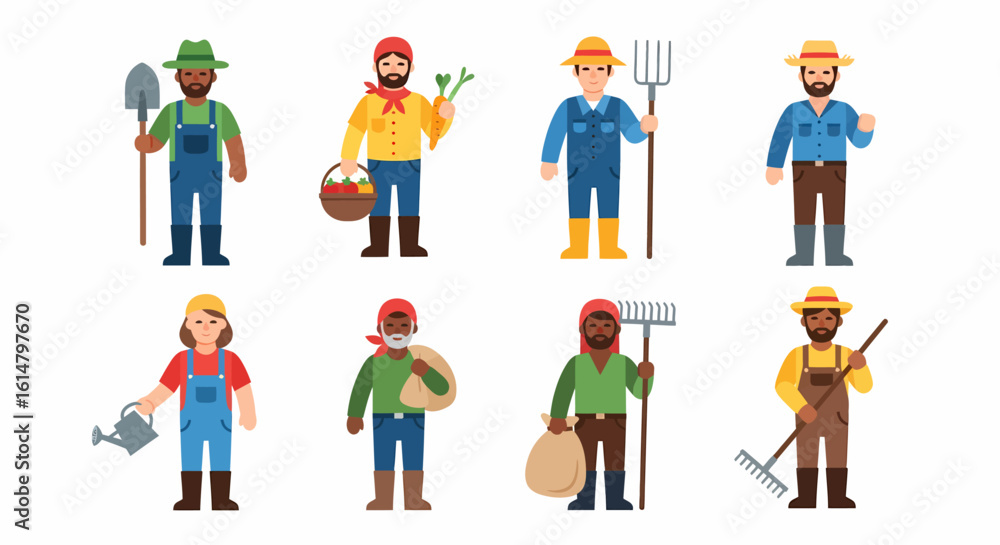 A diverse group of cartoon farmers, men and a woman, holding agricultural tools and fresh produce. A diverse group of cartoon farmers, men and a woman, holding agricultural tools and fresh produce.