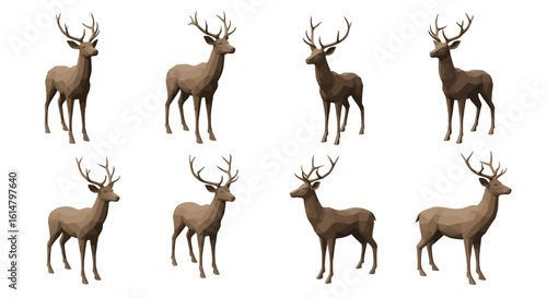 A collection of eight brown stag illustrations with large antlers shown from multiple angles.
