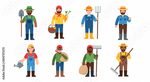A diverse group of cartoon farmers, men and a woman, holding agricultural tools and fresh produce.