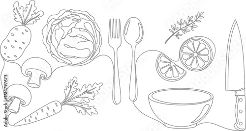 Fresh ingredients and cutlery for healthy cooking preparation