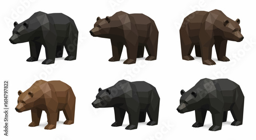 Six stylized low-polygon bear models in various shades of brown and black.