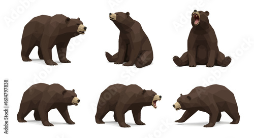 Collection of six stylized brown bears in various poses, including standing, sitting, and roaring, isolated on white.