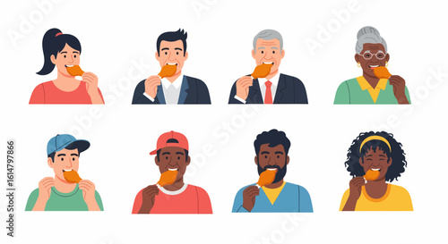 Diverse group of people happily eating orange-colored frozen treats, enjoying the summer.