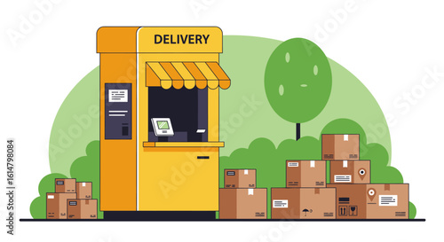 Automated Delivery Station with Cardboard Boxes and Green Tree
