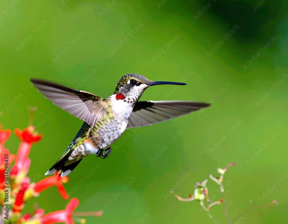 Fototapeta premium Hummingbird in flight near flowers