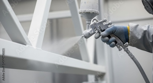 Builder painter spraying white paint onto metal construction. Craftsman using airbrush for industrial painting work. Factory maintenance.