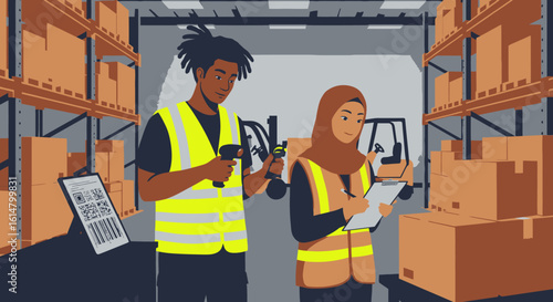 Warehouse Workers Scanning Inventory and Taking Notes in a Distribution Center