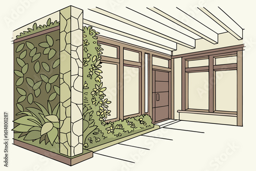 Illustration of a modern house exterior with a green wall and climbing plants near the entrance door