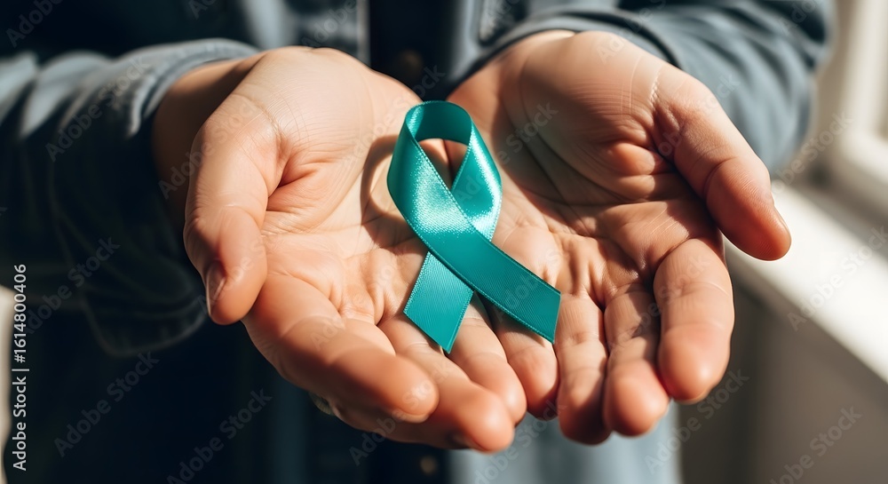 custom made wallpaper toronto digitalHands Holding Teal Ribbon for Cancer Awareness and Support, Emphasizing Hope and Solidarity