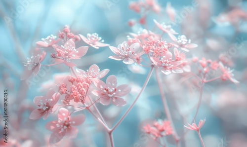 Dreamy pink flowers blooming in soft pastel light delicate floral scene