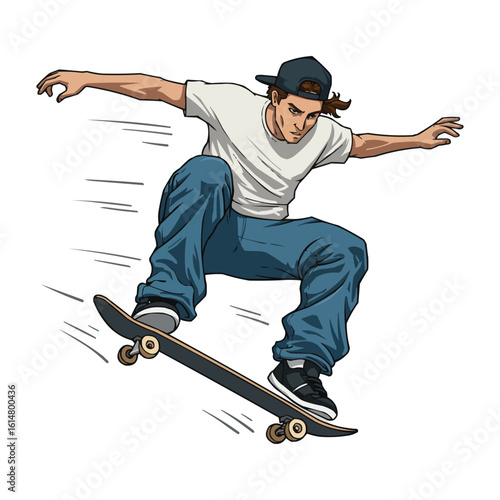 Skateboarder executing a trick mid-air, motion blur effect, isolated
