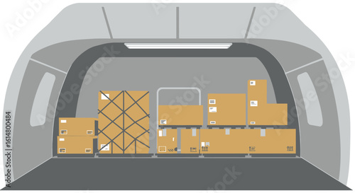 Cargo Plane Interior with Stacked Cardboard Boxes Ready for Shipping