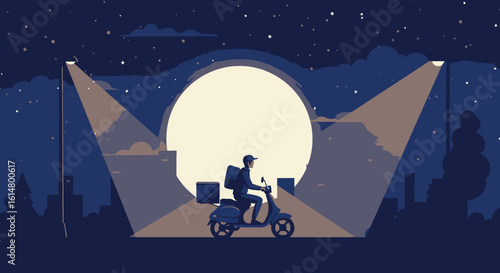 Nighttime Delivery: Courier on Scooter with Delivery Box in Cityscape