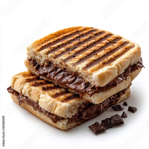 Panini with chocolate isolated on a white background, showcasing its delicious filling and crisp texture.