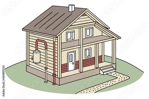 Illustration of a two story house with a porch, chimney, water heater, and a stone path on grass